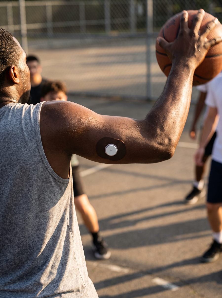 A man shooting a basketball on an outdoor court, a deep brown patch around the sensor on the back of his arm