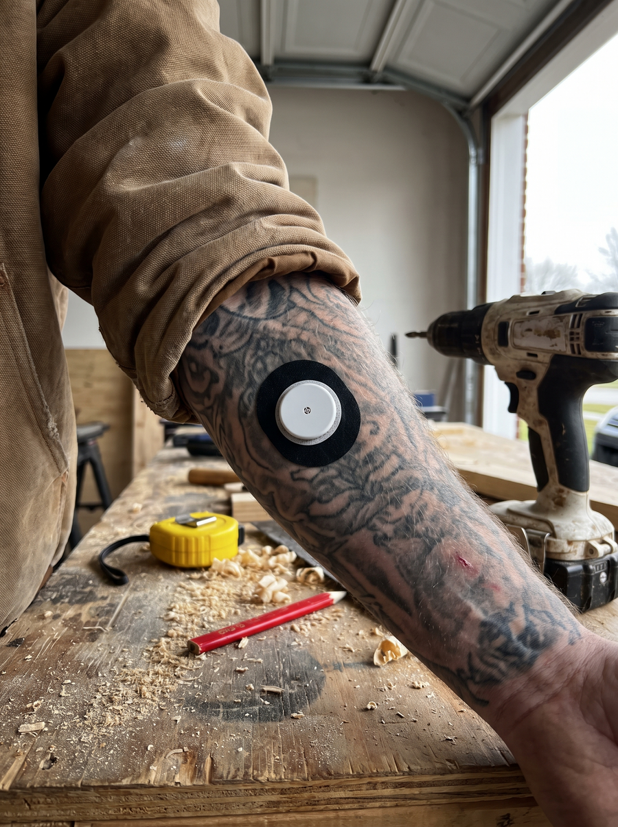 A tattooed forearm on a workbench with a matte black Blackout patch around the sensor