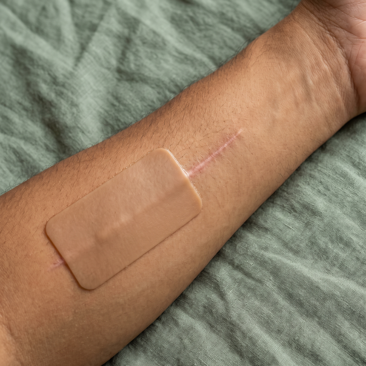 A healed forearm scar mostly covered by a tan skin-tone silicone sheet