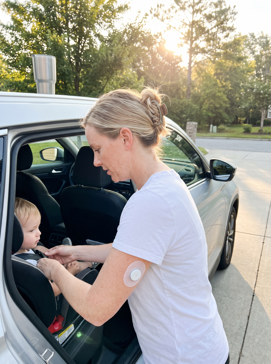 A mother buckling her toddler into a car seat, a pale skin-tone patch around the sensor on her upper arm