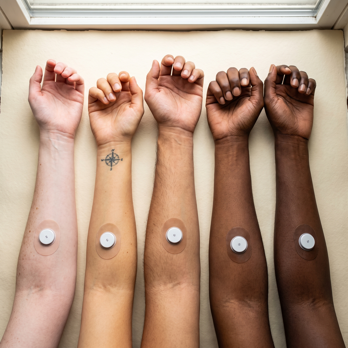 Five forearms from fair to deep espresso, each wearing a skin-tone patch around a small white sensor that blends into the skin